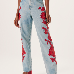 CALCA ZENDAYA CINTURA BAIXA COM BORDADO - 010905-LAV. JEANS BY MIRIAM BORDADO VERMELHO